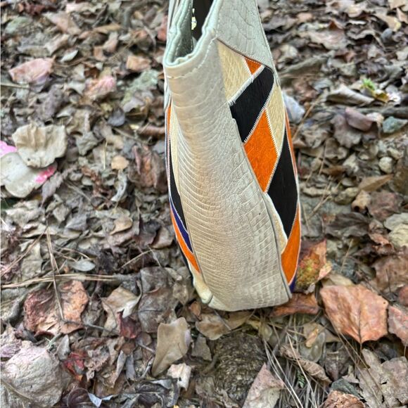 Vintage 1970’s Italian Croc Embossed Leather Patchwork Carry On Large Tote - Picture 11 of 14